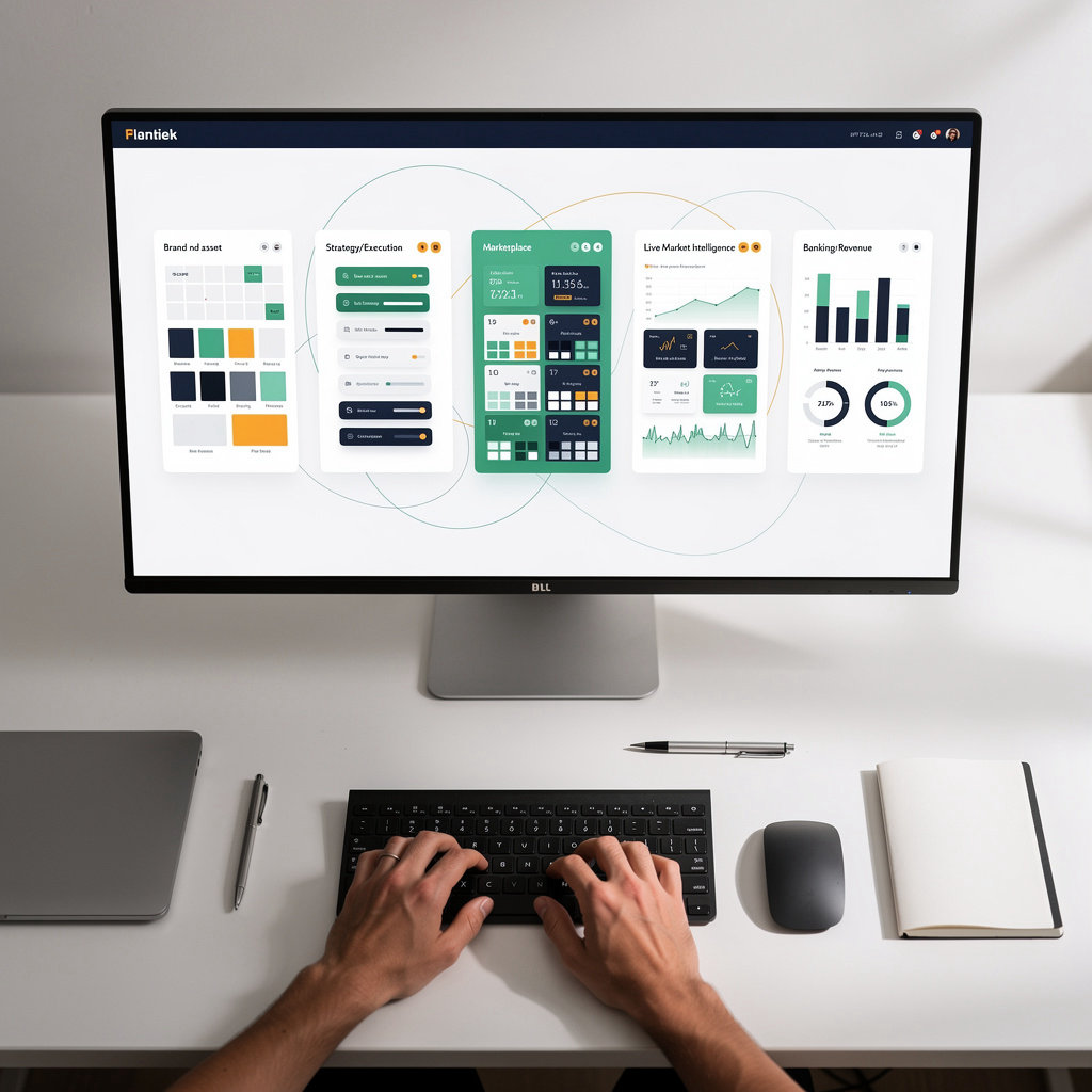 LapDog integrated founder platform ecosystem showing connected surfaces for building, strategy, marketplace, and banking