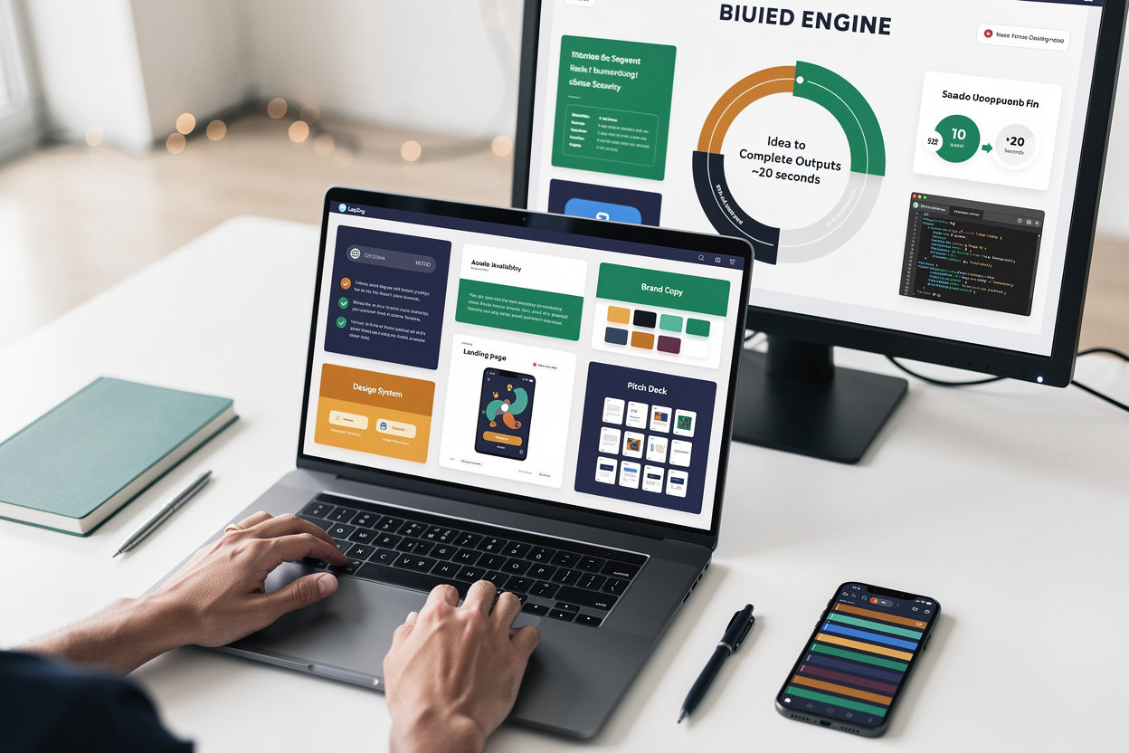 LapDog Build Engine producing brand assets including domain, landing page, pitch deck, and code in seconds